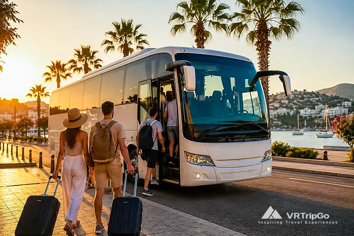 Travelers boarding a budget airport bus in Bodrum during sunset with summer vacation atmosphere in Turkey