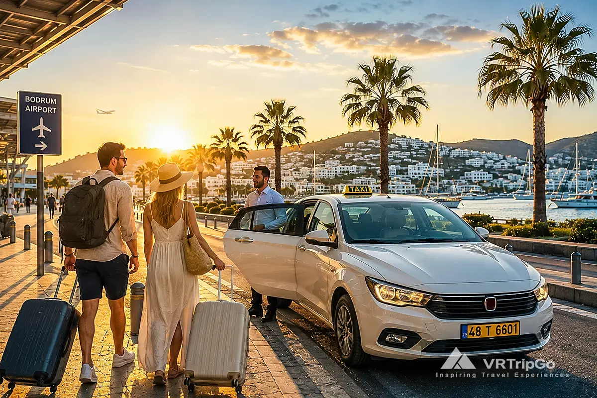 Taxi transfer from Bodrum Airport to Bodrum marina during sunset with summer vacation atmosphere in Turkey