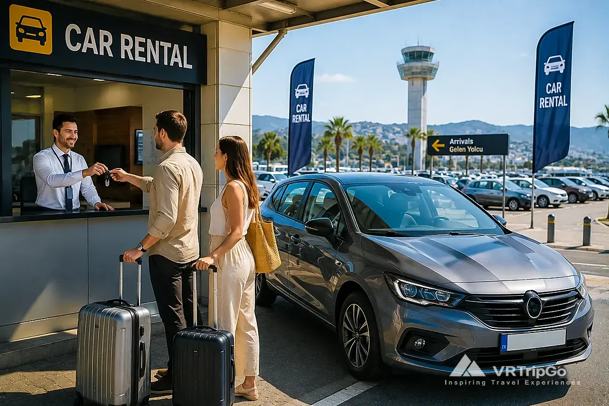 Travelers picking up a rental car at the airport before a summer vacation in Bodrum Turkey