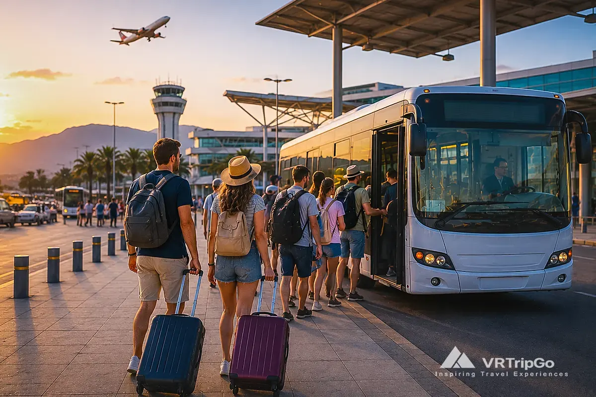 Budget option bus from the airport to Oludeniz with travelers, airport shuttle bus, luggage, sunset airport atmosphere and affordable public transport transfer