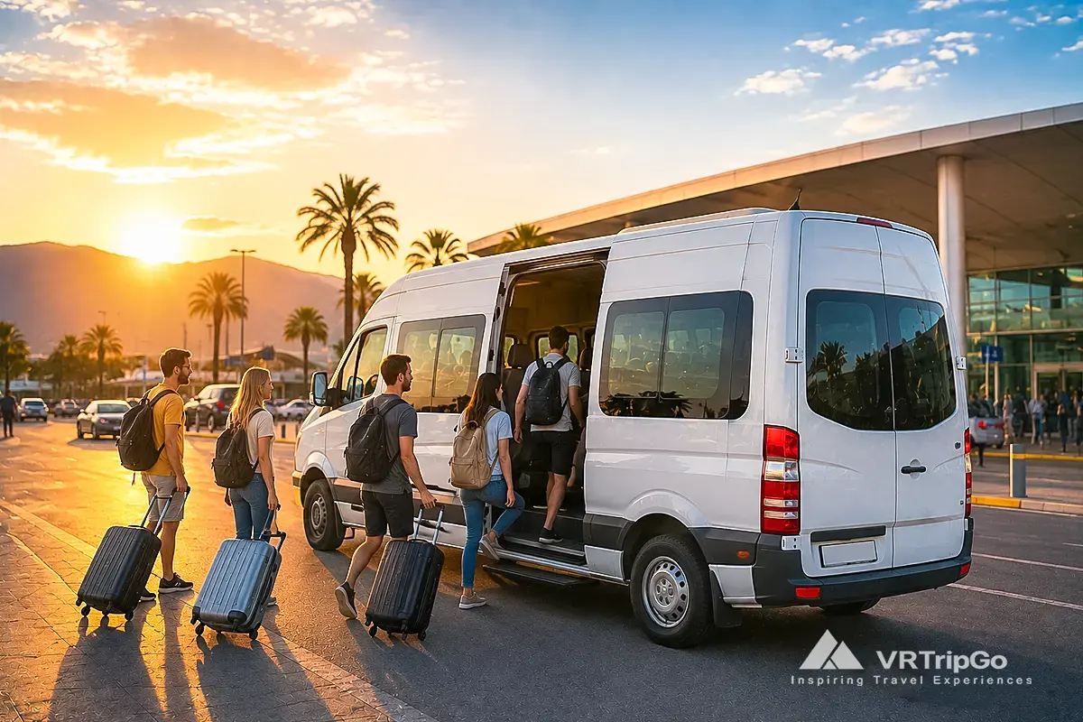 Best overall option private transfer from the airport to Oludeniz with white shuttle van, travelers with luggage, sunset airport atmosphere and comfortable group transfer service