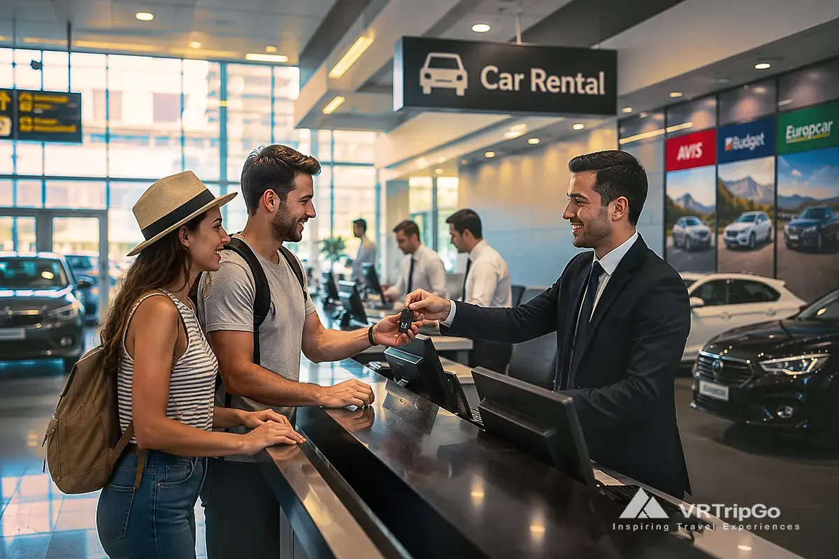 Car rental at the airport with couple receiving rental car keys, modern airport rental desk, luxury vehicles and premium travel service atmosphere