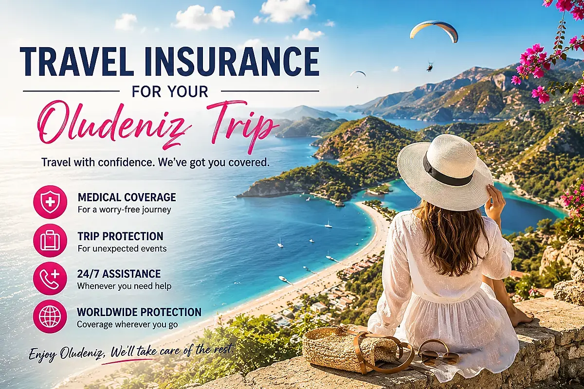 How to get from the airport to Oludeniz with travel insurance and panoramic Blue Lagoon resort coastline view