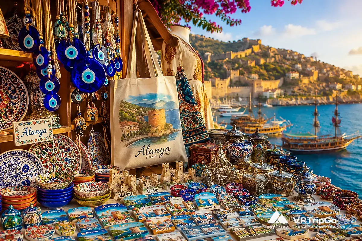 Best souvenirs in Alanya with colorful Turkish ceramics, evil eye charms and handmade gifts at local market, traditional shopping experience in Alanya Turkey