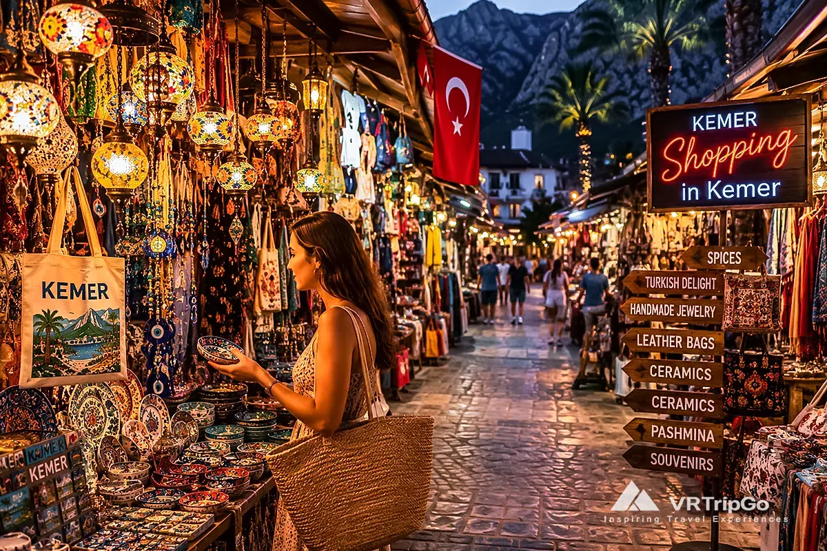 Shopping in Kemer traditional Turkish bazaar with tourists and evening market atmosphere