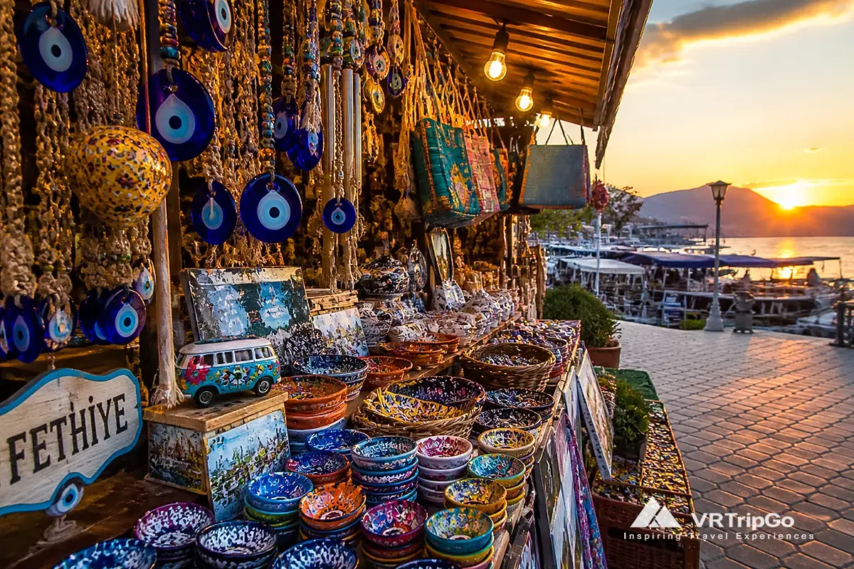 Traditional Turkish Souvenirs and Local Gifts in Fethiye Market at Sunset