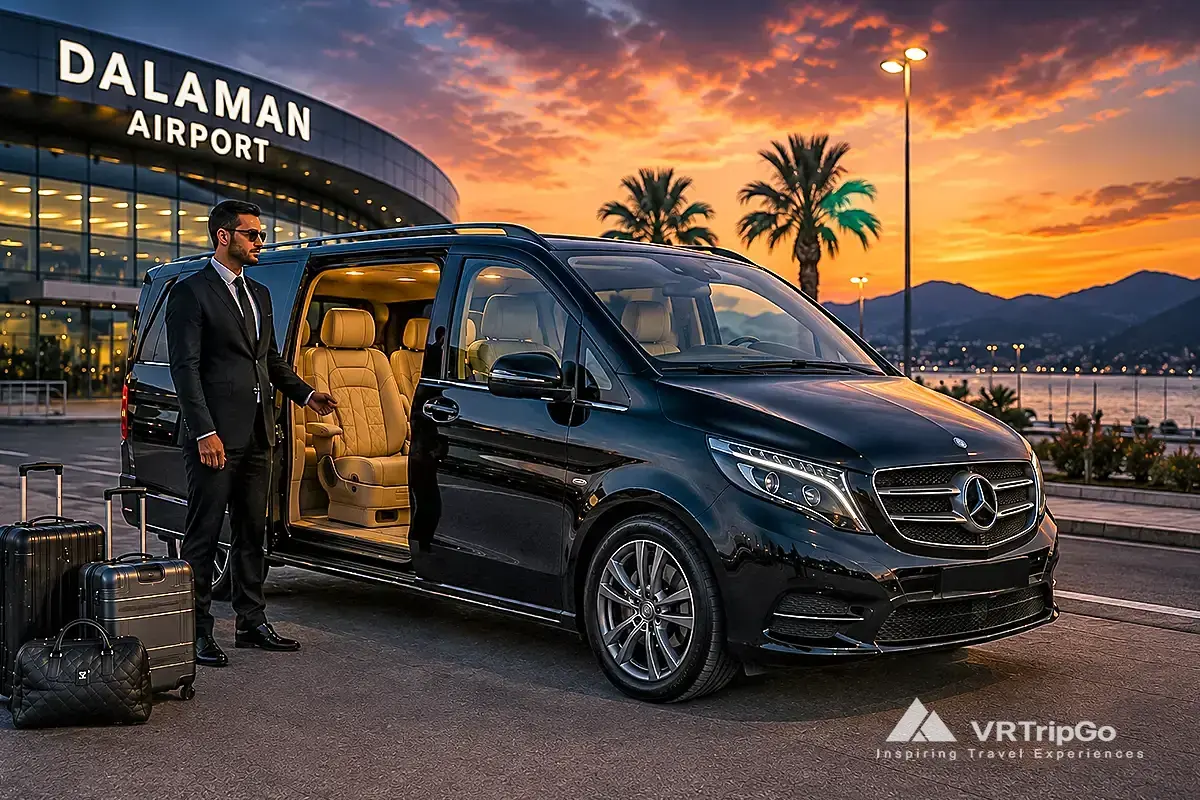 Fethiye Travel Guide luxury Dalaman Airport transfer with private Mercedes VIP van at sunset in Turkey