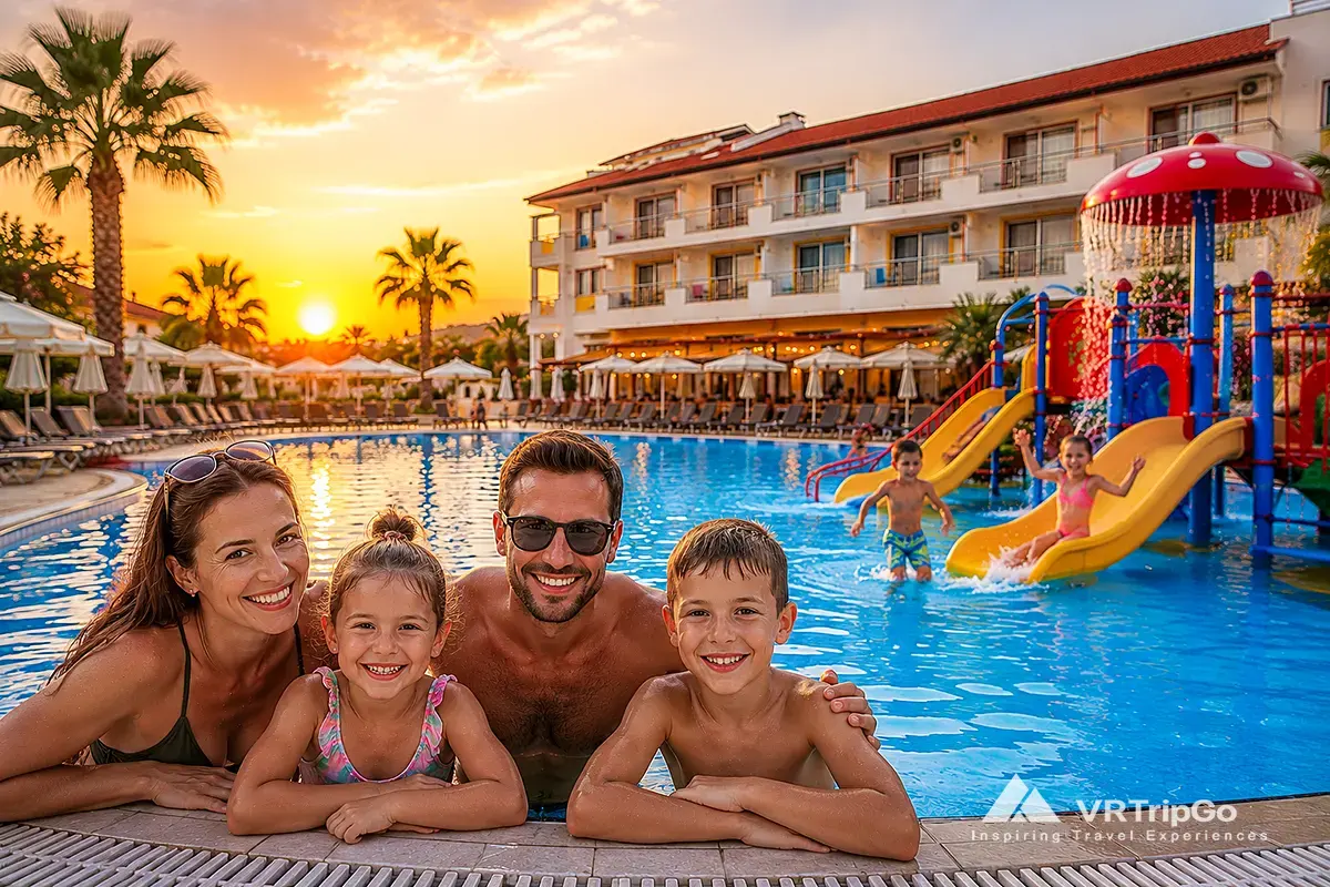 Best Family Hotels in Side featuring a family-friendly resort, children's water slides, large swimming pool, and unforgettable family holiday atmosphere on the Turkish Riviera