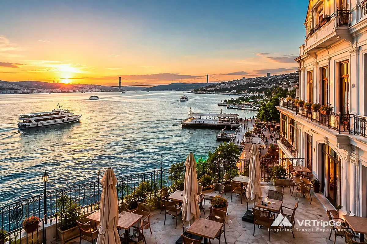 Budget hotels by the sea in Istanbul with waterfront hotel terrace, Bosphorus sunset panorama, and relaxing seaside holiday atmosphere