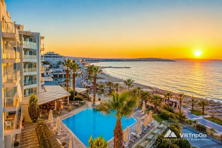 Cheap hotels near the beach in Didim with beachfront resort hotel, sunset sea view, swimming pool, and relaxing Mediterranean vacation atmosphere