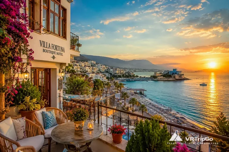 Cheap hotels near the beach in Kusadasi with charming seaside hotel terrace, sunset coastline views, and relaxing Aegean coast vacation atmosphere