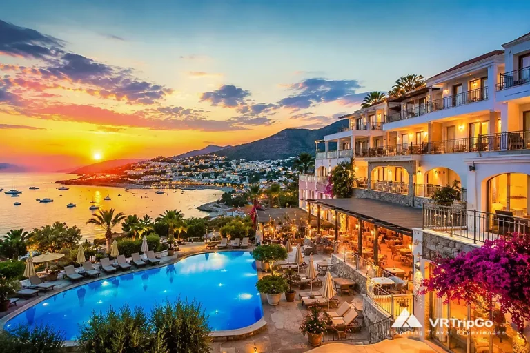 Cheap Hotels Near the Beach in Bodrum with seaside resort hotel, infinity pool, sunset bay panorama, and relaxing Mediterranean vacation atmosphere