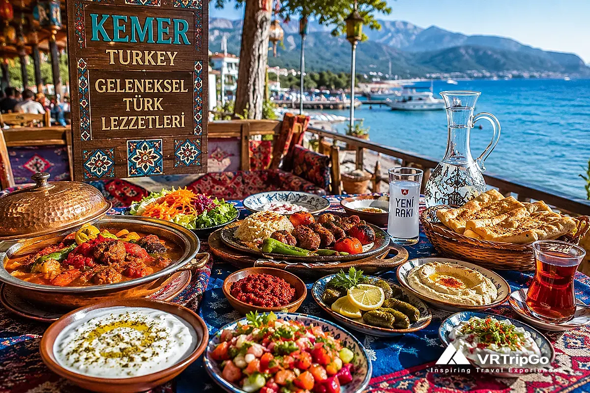Traditional Turkish food in Kemer with authentic local dishes, Mediterranean seaside restaurant atmosphere and fresh Turkish cuisine near the marina