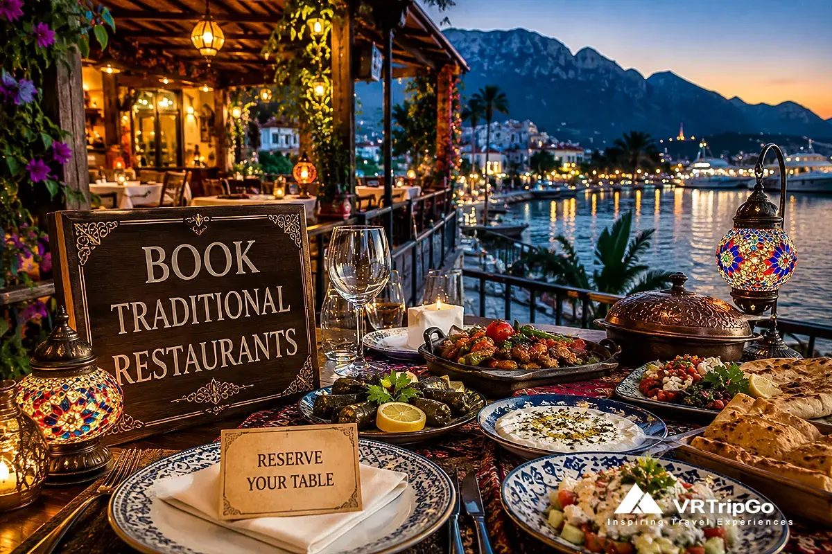 Book traditional restaurants in Kemer with authentic Turkish cuisine, romantic waterfront dining and luxury Mediterranean restaurant atmosphere