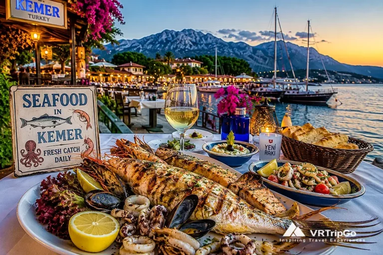 Fresh seafood in Kemer with grilled fish, Mediterranean seaside restaurant, marina sunset view and authentic Turkish coastal dining experience