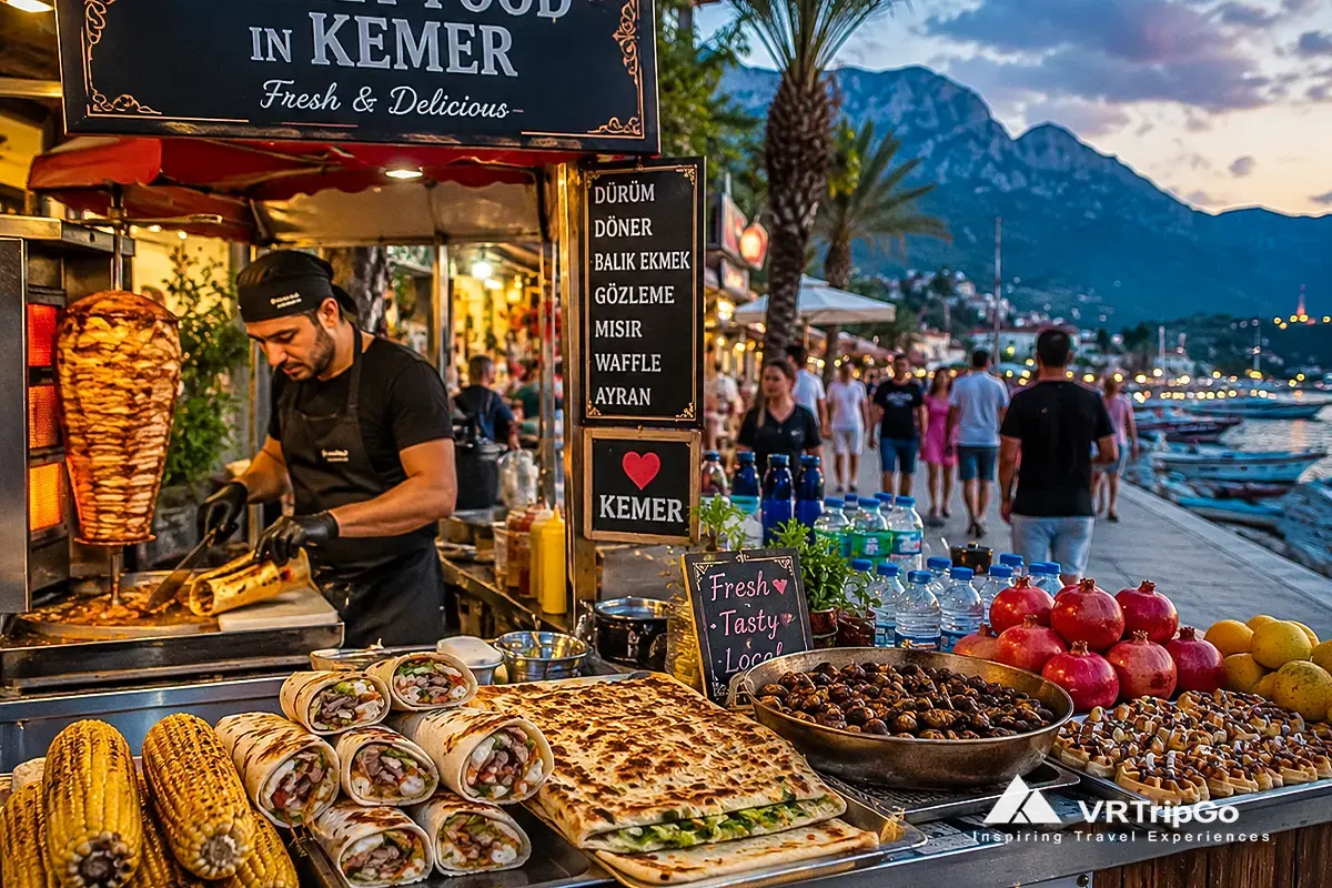 Street food in Kemer with Turkish doner kebab, local food market, seaside promenade atmosphere and authentic Mediterranean street dining experience