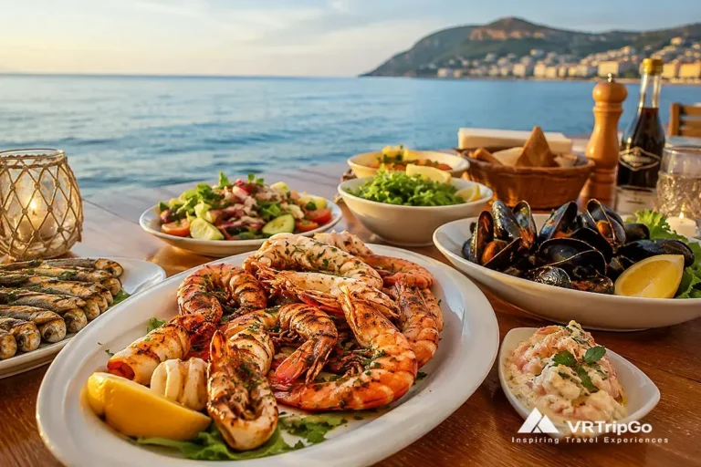 Fresh seafood in Alanya served at a seaside restaurant with grilled shrimp, mussels, fish and Mediterranean sunset view