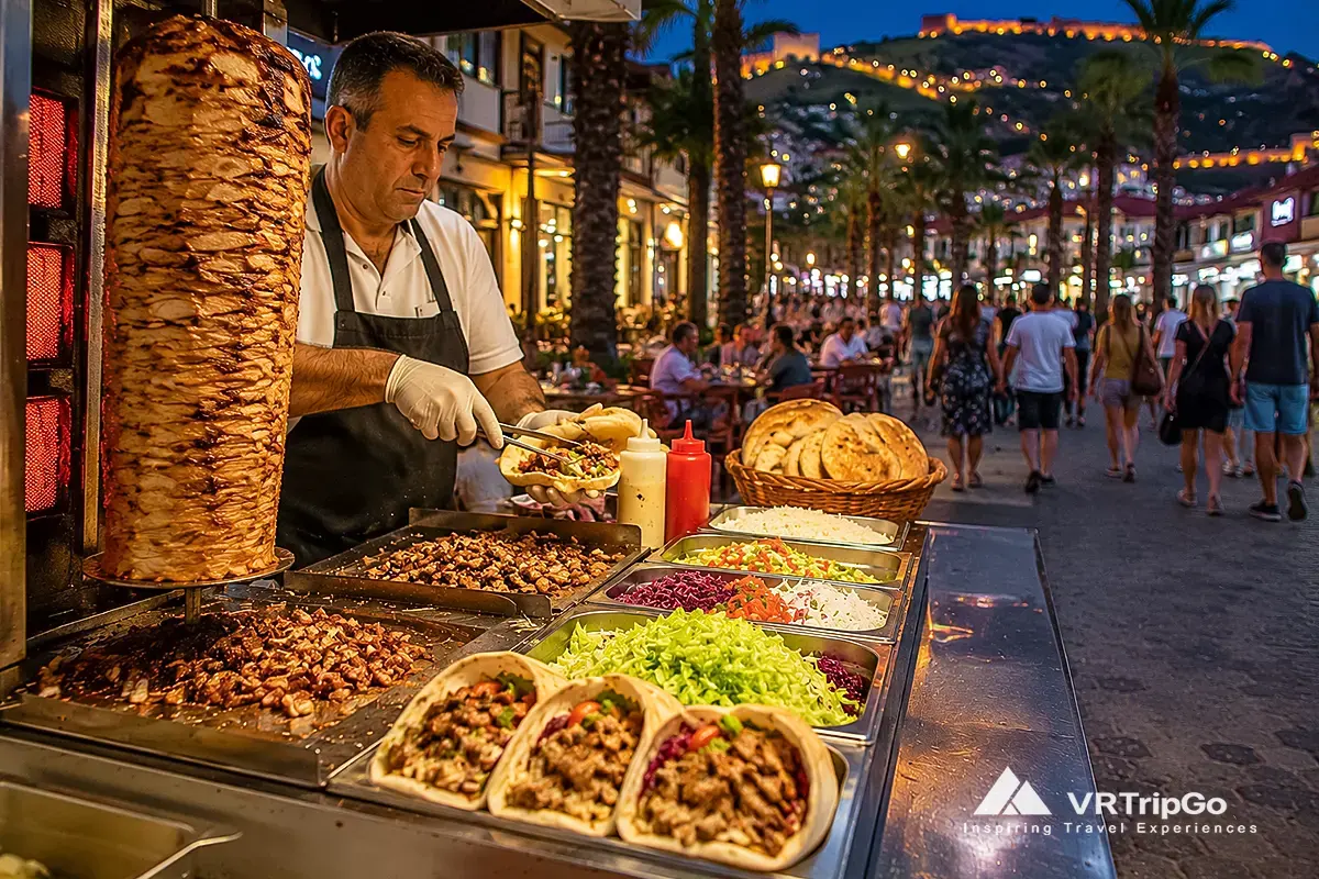 Street food in Alanya with Turkish doner kebab, local food stall, evening market atmosphere and traditional fast food on busy Mediterranean streets