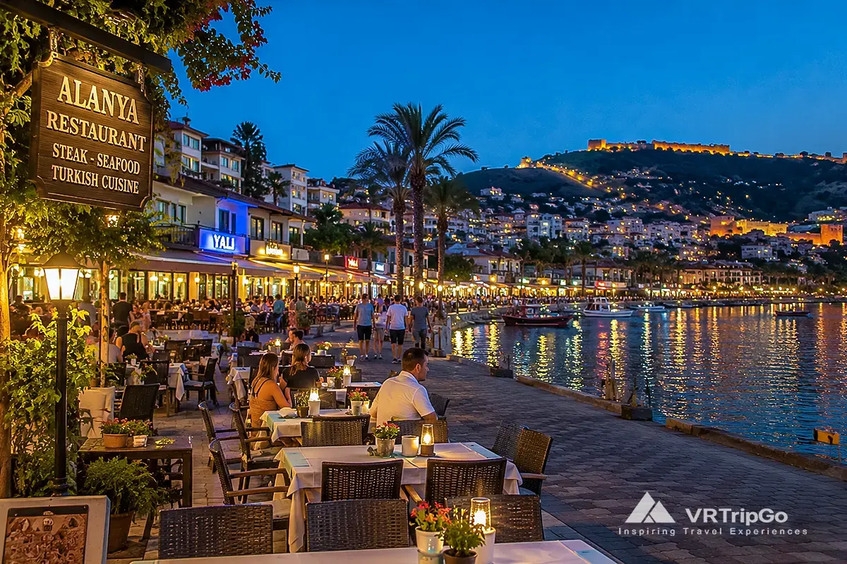 Best areas to eat in Alanya with waterfront restaurants, Turkish cuisine, lively promenade dining and Mediterranean evening atmosphere