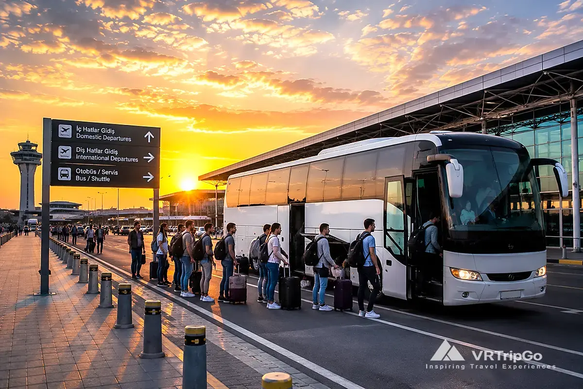 Budget option bus transfer from the airport to Cesme with travelers, modern airport terminal, and full-size coach bus at sunset