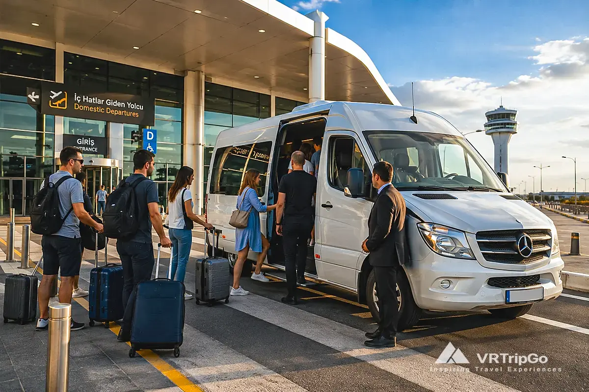 Private transfer from the airport to Cesme with white luxury shuttle van, travelers boarding, modern airport terminal