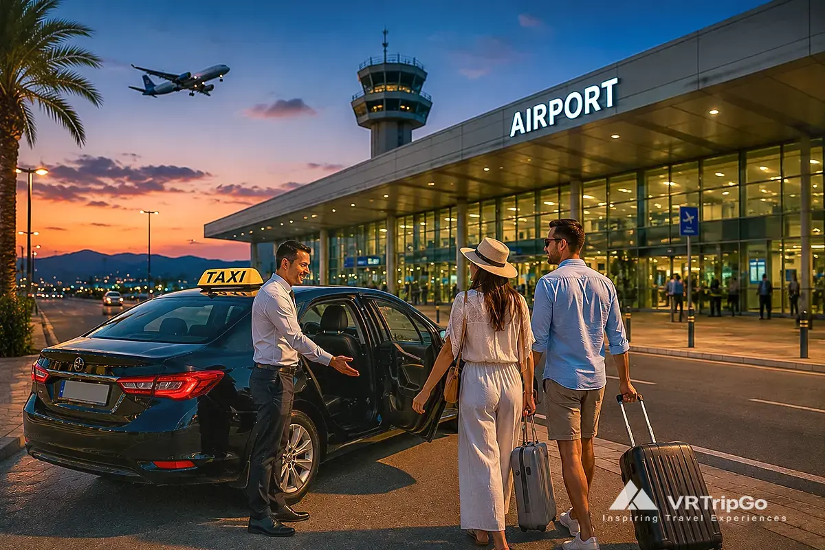 Airport taxi transfer to Cesme with luxury black taxi, travelers with luggage, modern airport terminal, sunset atmosphere and premium airport pickup service