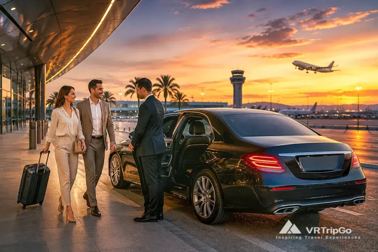 VIP transfer from the airport to Cesme with luxury black sedan, chauffeur service, elegant travelers, sunset airport atmosphere and premium private transfer experience
