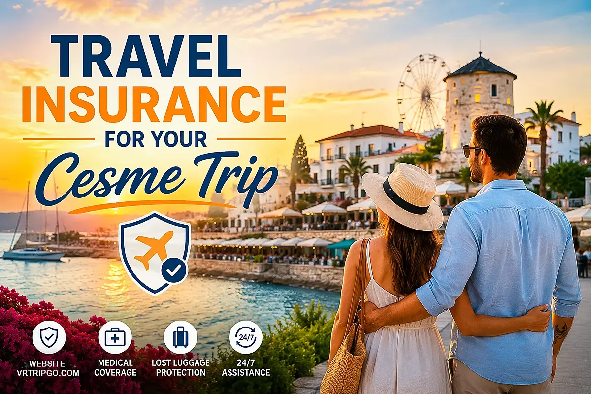How to Get from the Airport to Cesme travel insurance concept with couple at sunset resort, seaside promenade, coastal town atmosphere and Mediterranean vacation background