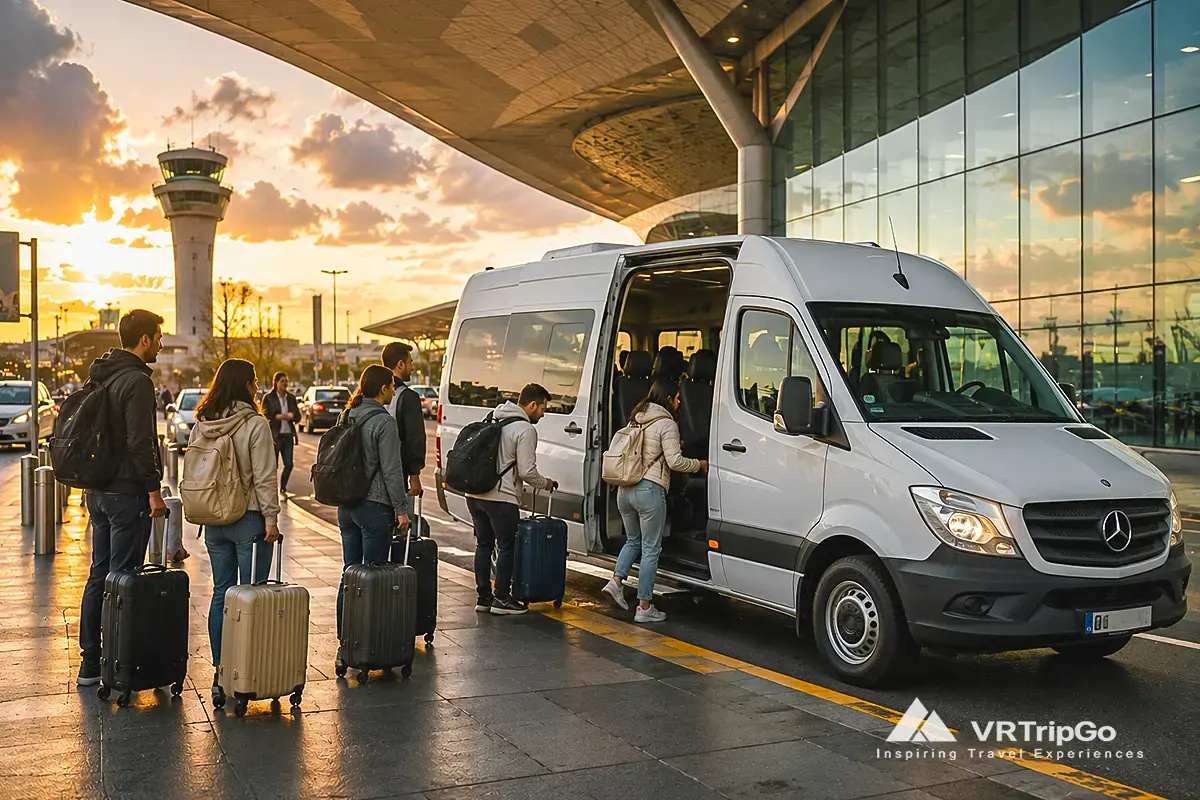 Travelers boarding a shared airport transfer minibus in Istanbul with sunset travel atmosphere and modern terminal scenery in Turkey
