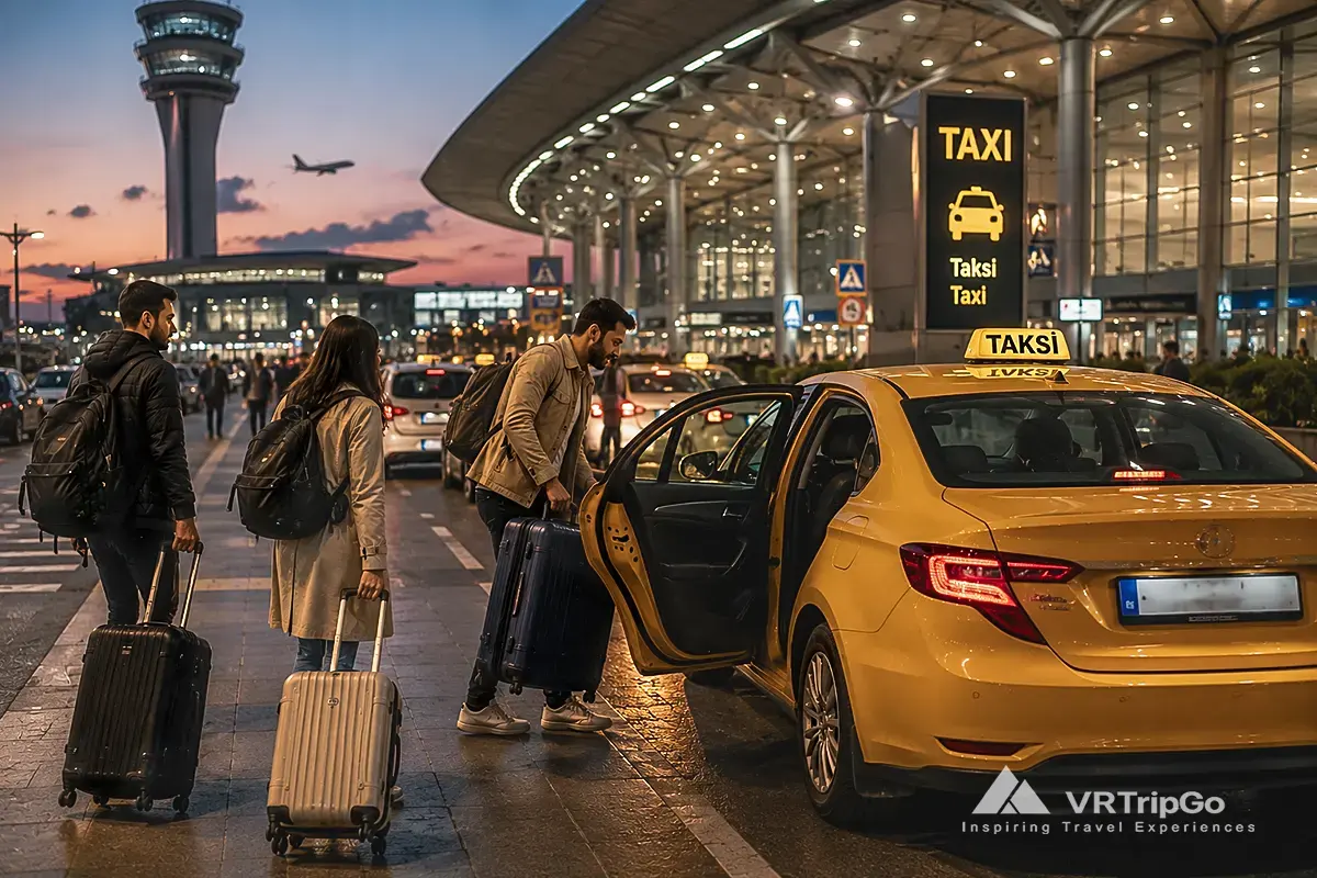 Taxi from the Airport to Istanbul with evening airport atmosphere and travelers arriving in Turkey