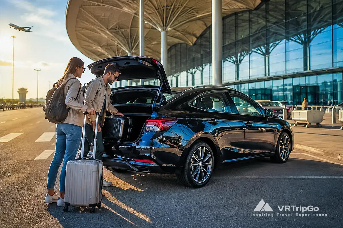 Travelers loading luggage into a rental car at the airport with sunny road trip atmosphere in Turkey
