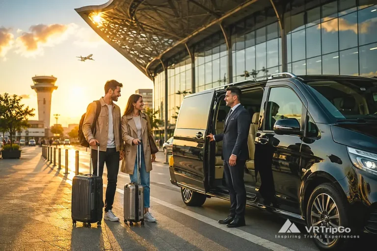 VIP Transfer from the Airport to Istanbul with luxury minivan service and golden sunset airport atmosphere in Turkey