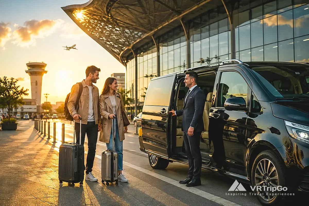 VIP Transfer from the Airport to Istanbul with luxury minivan service and golden sunset airport atmosphere in Turkey