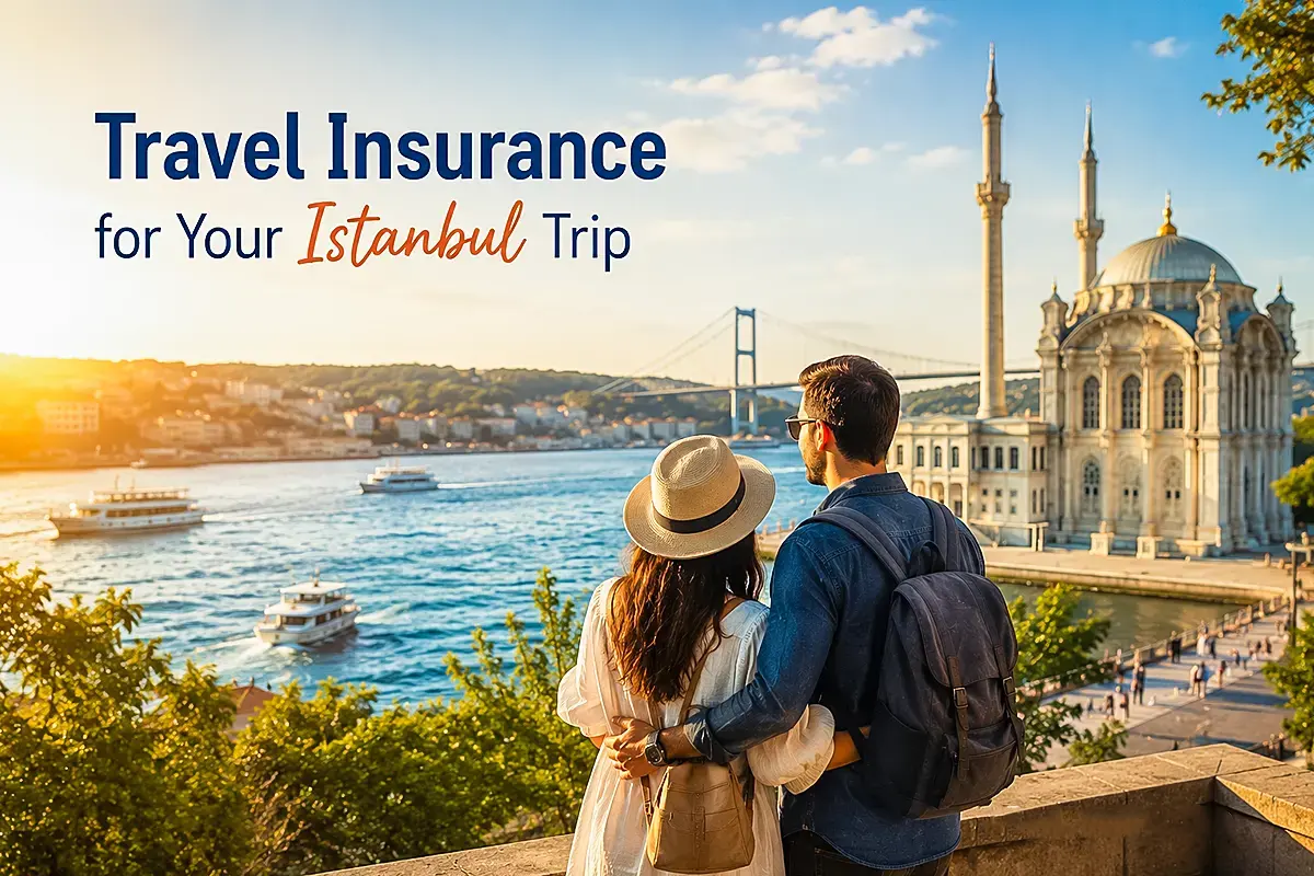 Couple enjoying Istanbul waterfront views with travel insurance protection and sunset holiday atmosphere in Turkey
