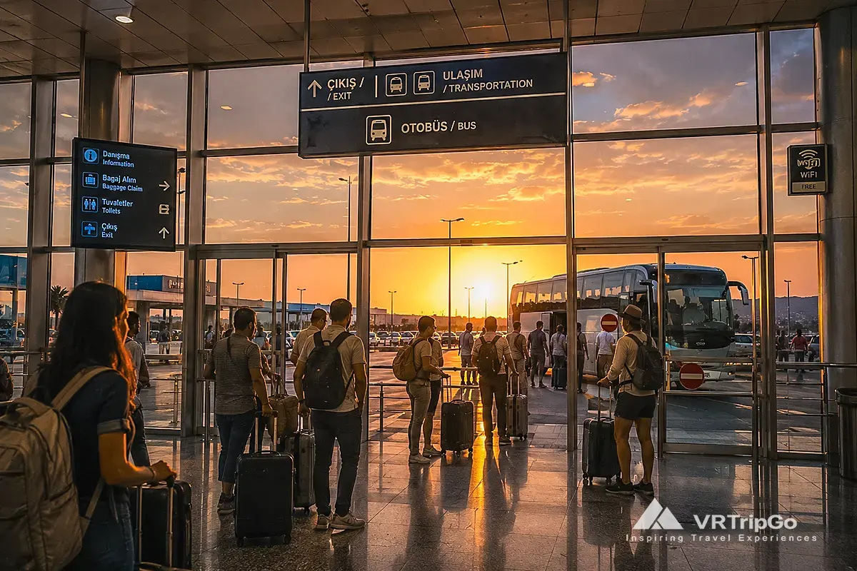 Budget option bus transfer from the airport to Didim with travelers boarding airport shuttle bus at sunset inside terminal area