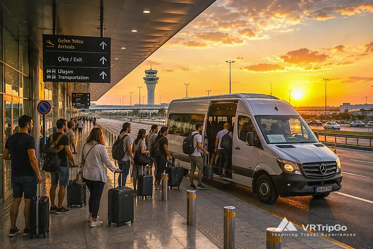 Best overall option private transfer from the airport to Didim with white shuttle van and travelers boarding at sunset airport terminal