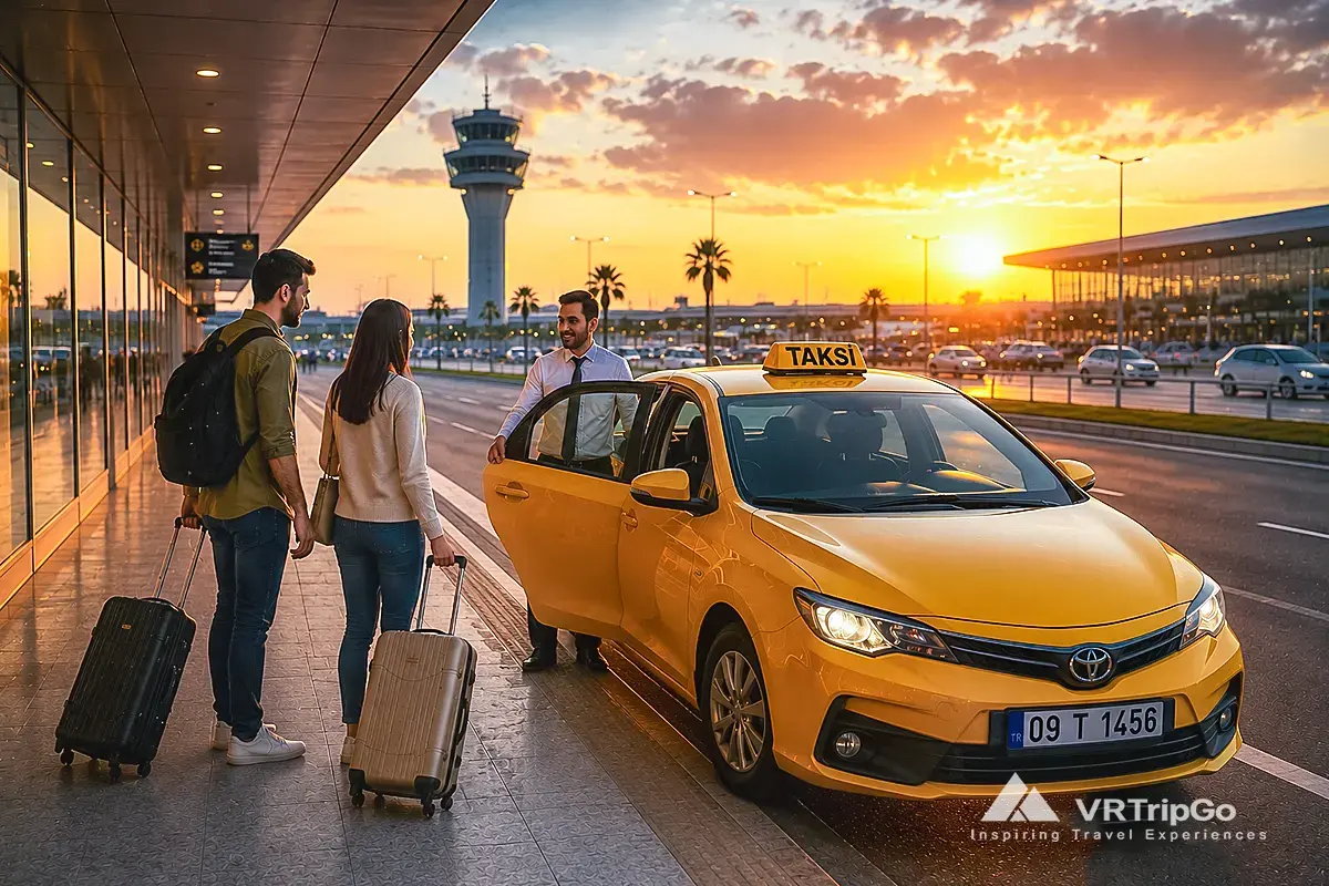 Taxi from the airport to Didim with yellow airport taxi driver greeting travelers at sunset terminal pickup area