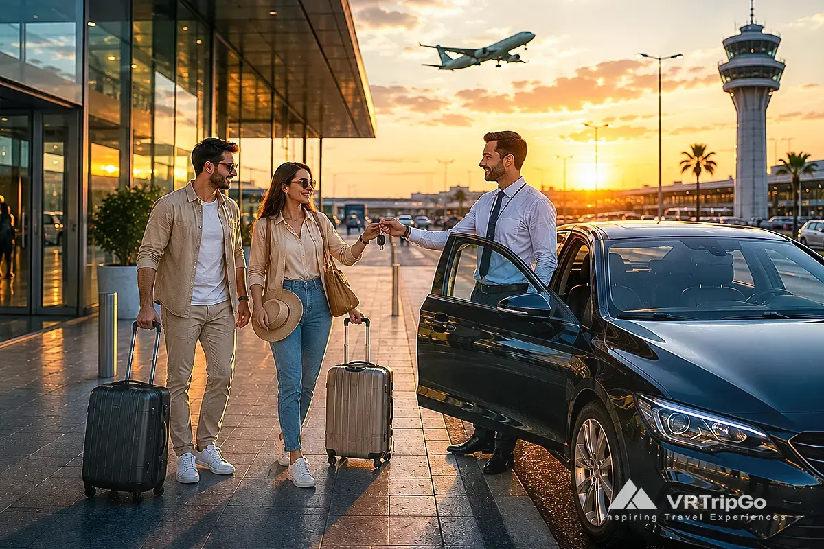 Car rental at the airport with travelers receiving car keys beside luxury rental car at sunset airport terminal
