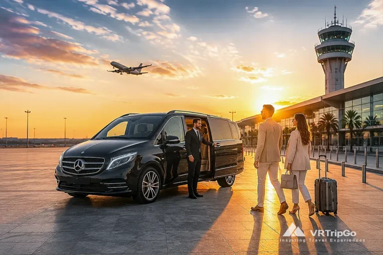 VIP transfer from the airport to Didim with luxury Mercedes van, professional chauffeur, elegant couple with luggage, and sunset airport terminal background