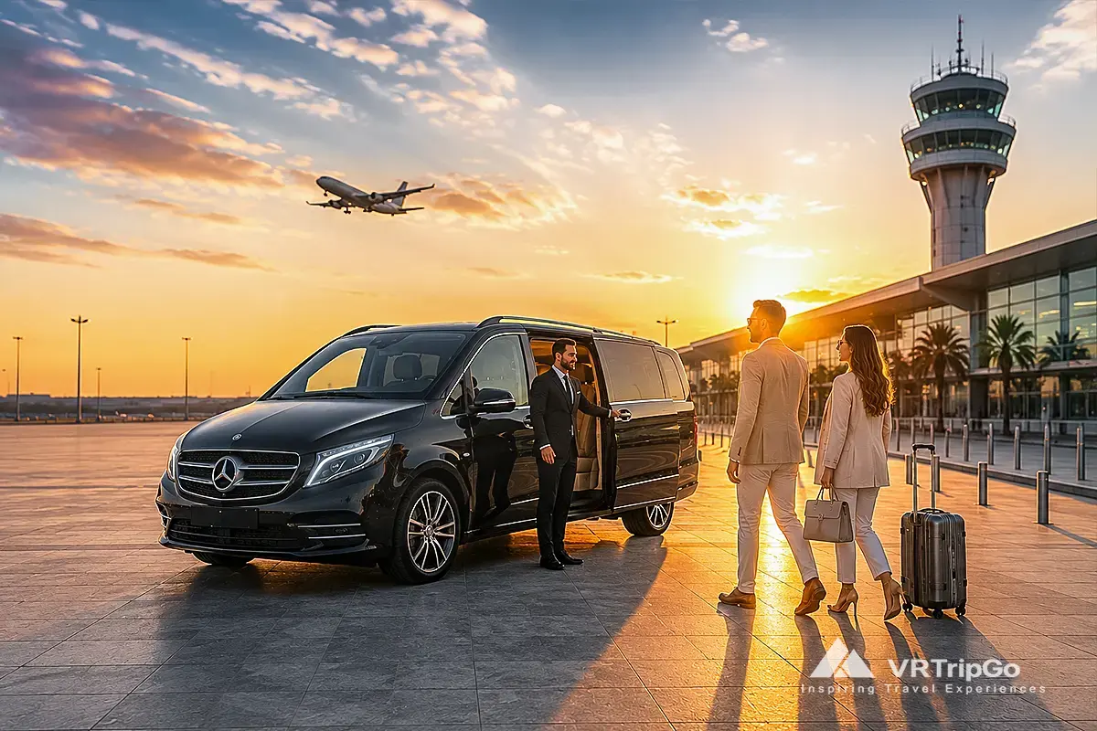 VIP transfer from the airport to Didim with luxury Mercedes van, professional chauffeur, elegant couple with luggage, and sunset airport terminal background
