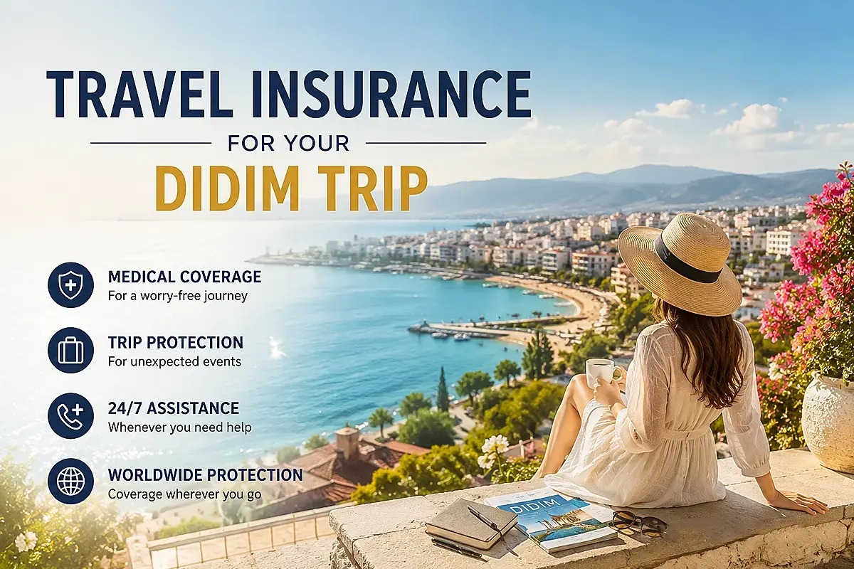 How to get from the airport to Didim with travel insurance and panoramic Mediterranean resort coastline view