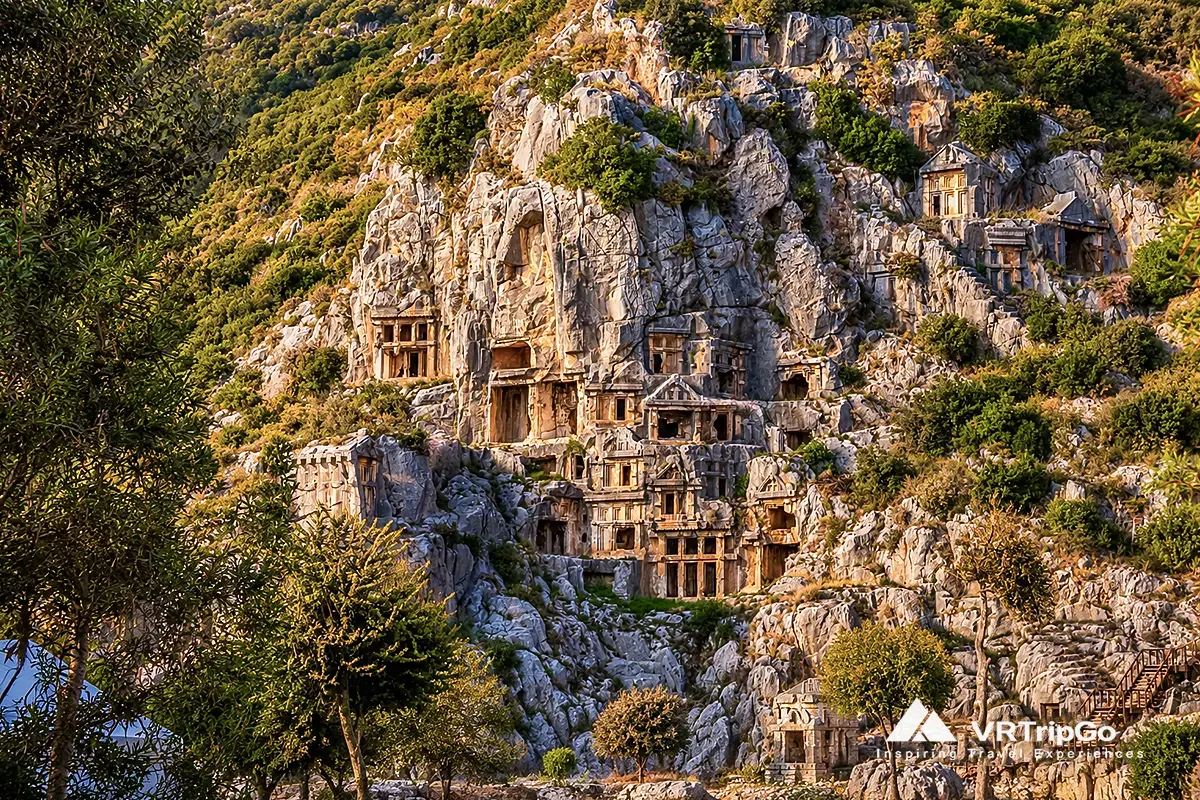 Demre, Myra and Kekova Boat Tour featuring the famous Lycian rock tombs of Myra, ancient cliffside ruins, and breathtaking historical landscapes of the Turkish Mediterranean coast