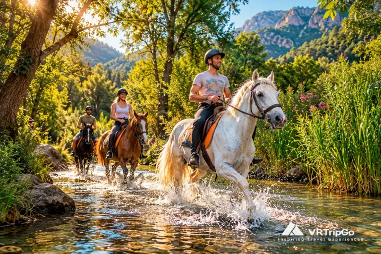 Best Excursions in Fethiye featuring a scenic horse riding experience through a shallow river surrounded by lush forests and mountain scenery.