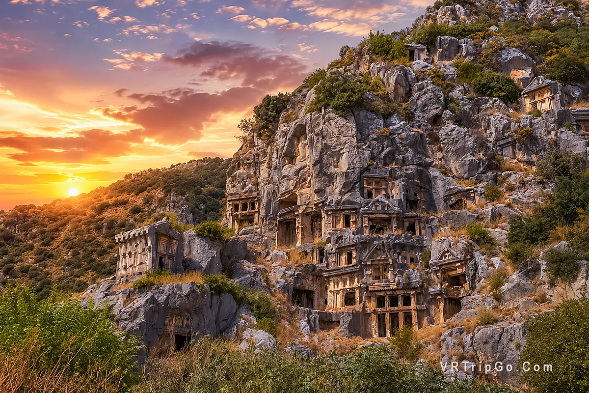 Best Excursions in Kemer featuring the ancient Lycian rock tombs of Myra, breathtaking mountain scenery, and unforgettable historical landmarks on Turkey's Mediterranean coast.