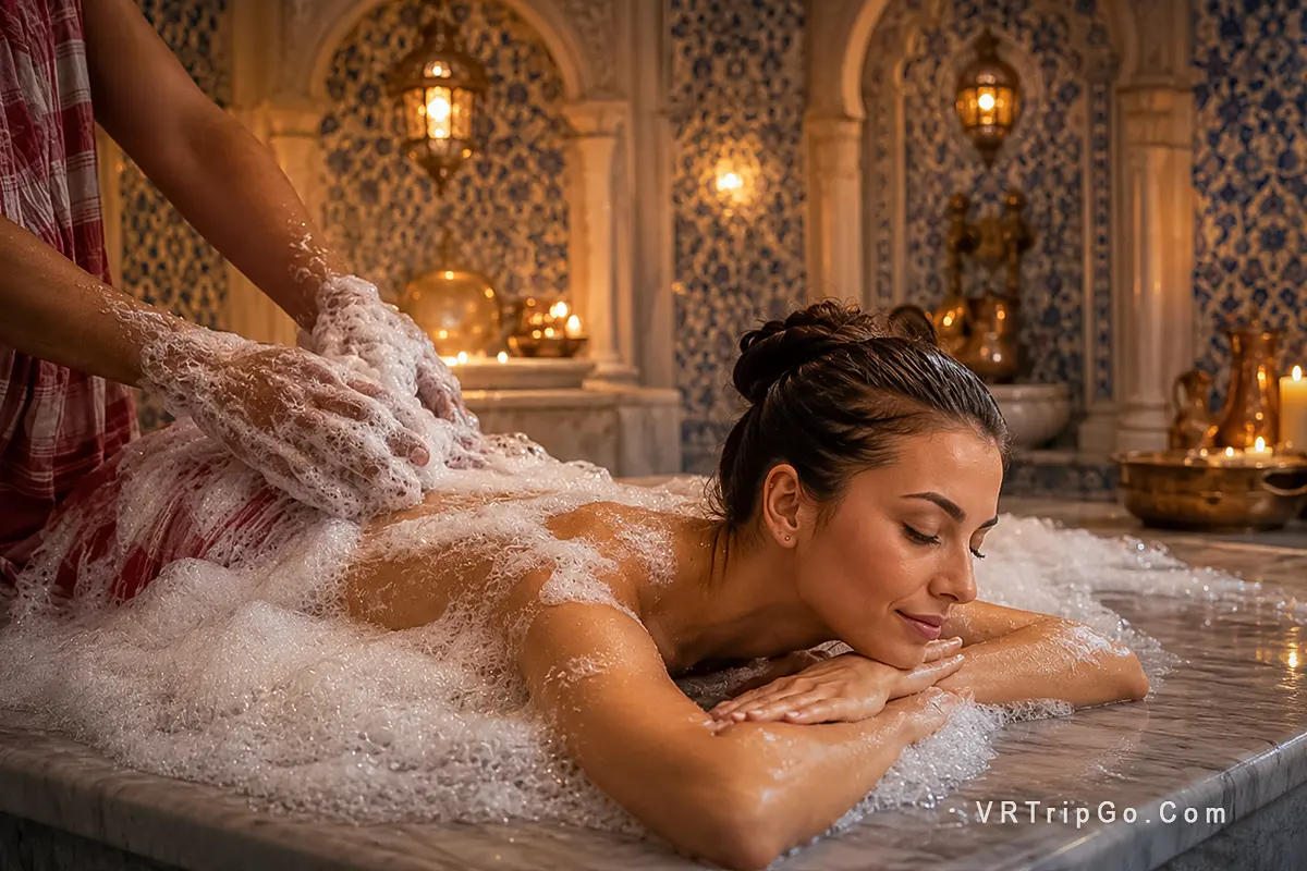 Turkish Hamam Experience in a traditional luxury Turkish bath with marble interior, relaxing foam massage, warm ambient lighting, and authentic spa atmosphere.