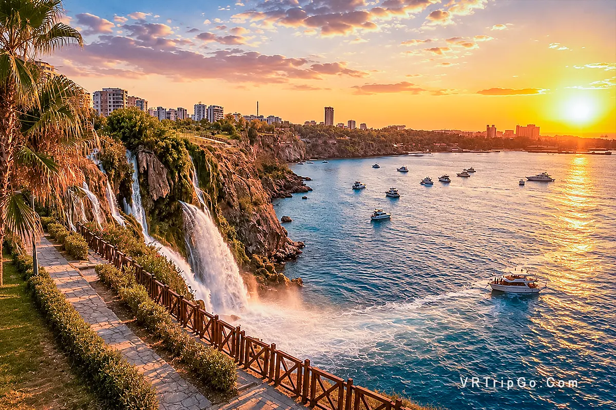 Antalya City Tour with Waterfalls featuring the famous Düden Waterfalls, turquoise Mediterranean coastline, scenic city views, and a beautiful sunset over Antalya.
