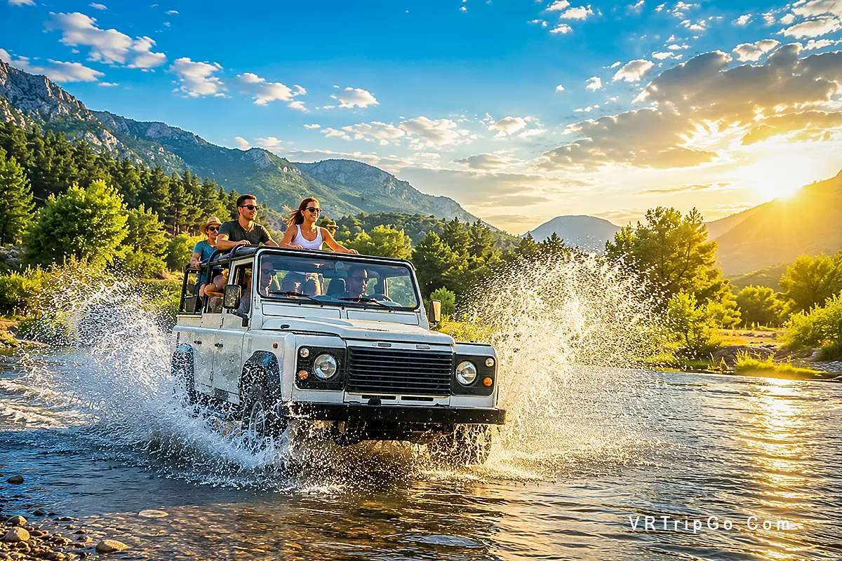 Jeep Safari in the Taurus Mountains with an off-road adventure through rivers, green forests, and scenic mountain landscapes at sunset.