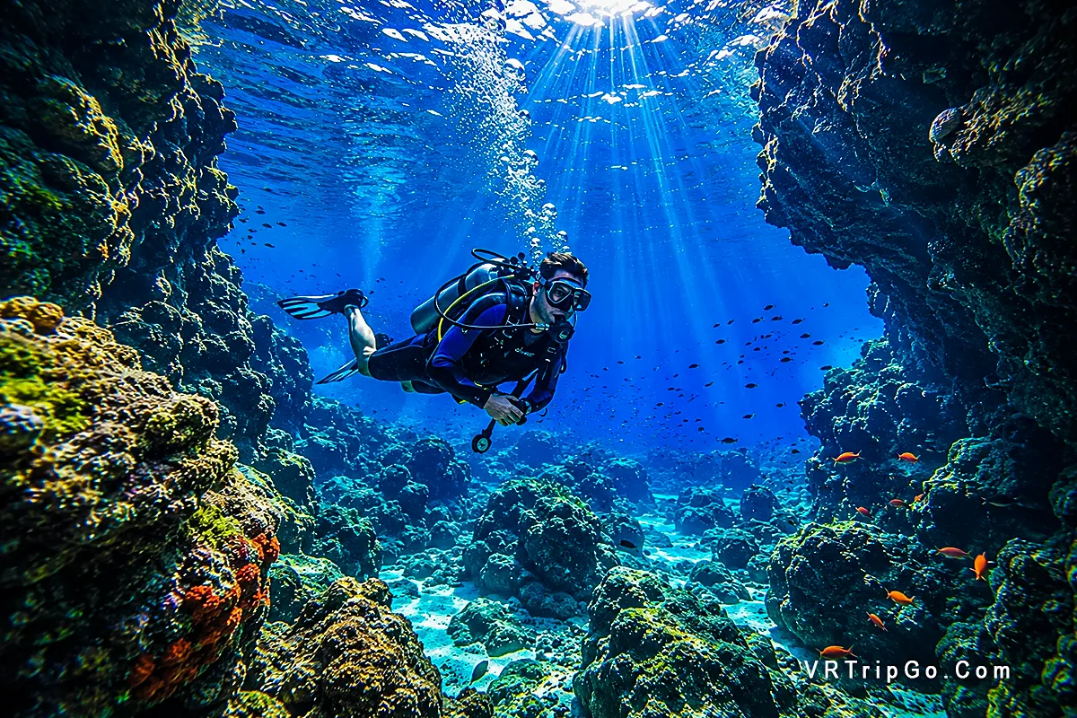 Best Excursions in Belek featuring a scuba diver exploring crystal-clear blue waters, underwater reefs, and marine life during a diving adventure.