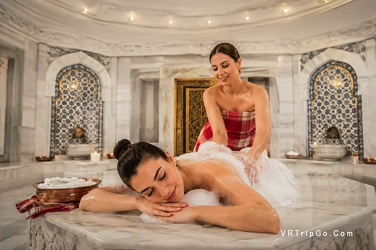 Turkish Hamam Experience featuring a traditional foam massage in a luxurious marble hammam with authentic Ottoman-style architecture and relaxing spa atmosphere.