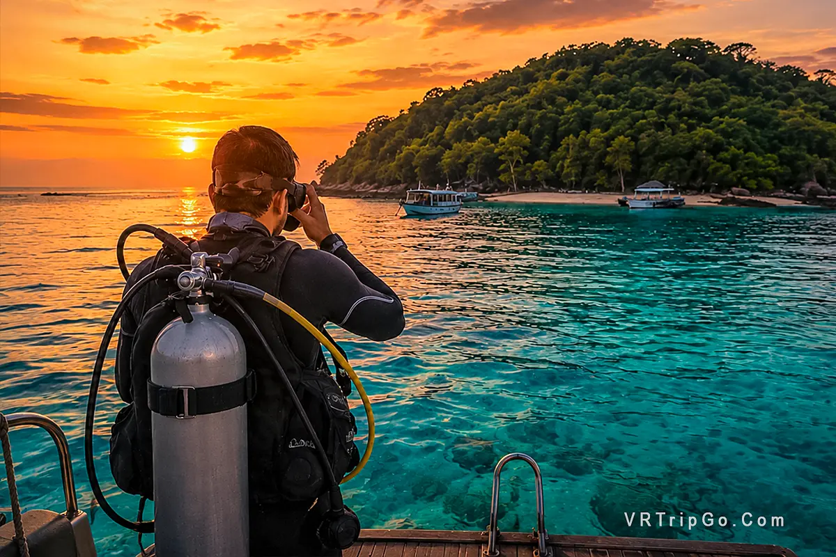 Scuba Diving Tour featuring a diver preparing for an underwater adventure in crystal-clear turquoise waters at sunset near a tropical island.